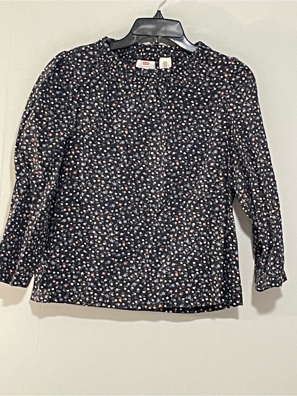 Women’s Black Floral Blouse with Pink & White Dot Print. Item # 11542